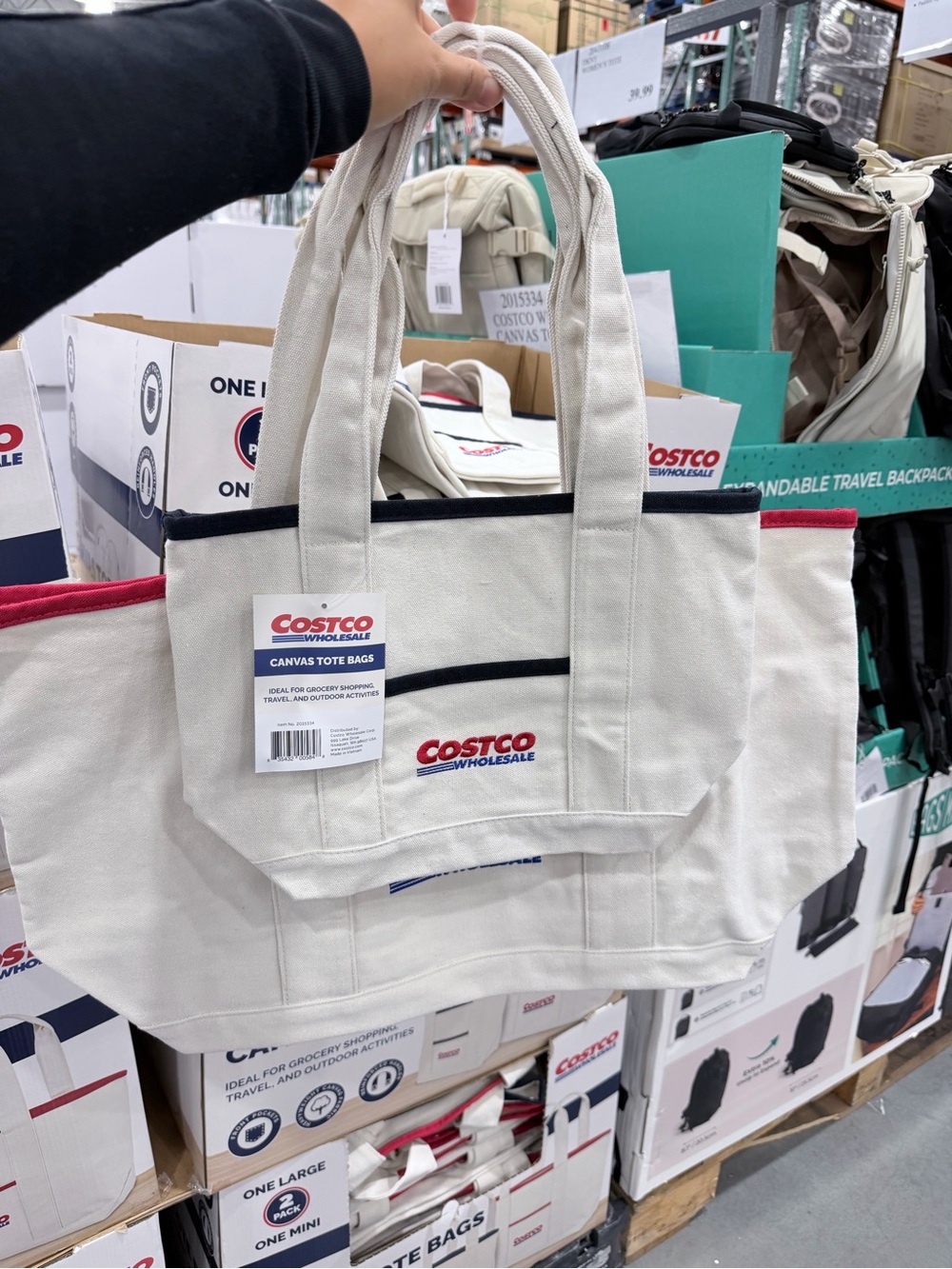 Costco Canvas Tote Bag in Cream with Navy Trim